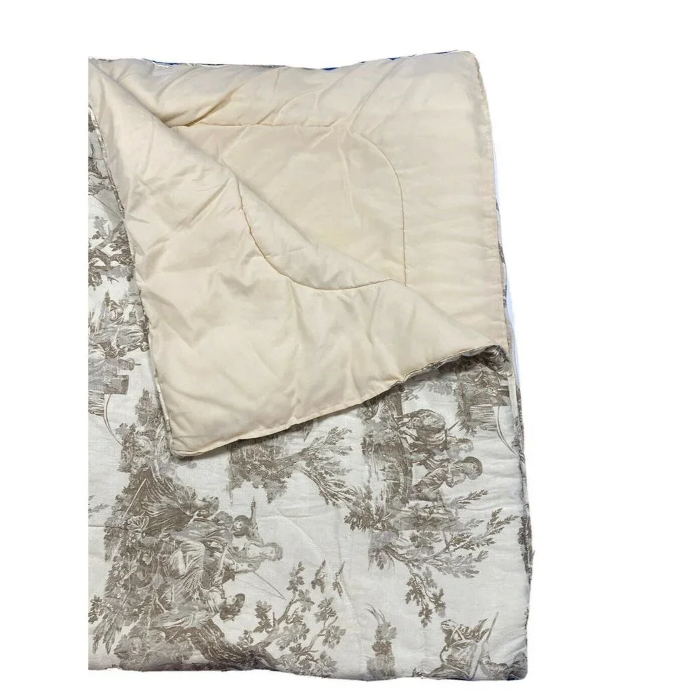 Vintage French Country Toile Comforter Full Queen Bedspread Brown Beige Print